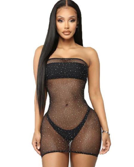 QUEEN LINGERIE - ROBE CORPS EN FILET AVEC DIAMANTS S/L