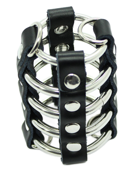 OHMAMA FETISH - CAGE  PÉNIS AVEC ANNEAUX MÉTALLIQUES ET SANGLE EN CUIR