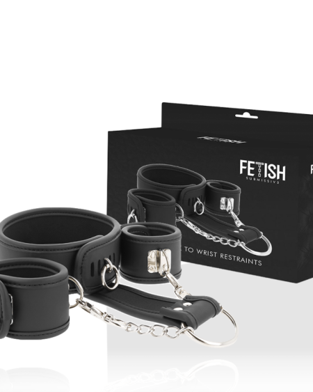 FETISH SUBMISSIVE - COLLIER ET MENOTTES EN CUIR VÉGAN AVEC DOUBLURE EN NOPRÈNE