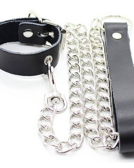 OHMAMA FETISH - COLLIER PÉNIS ET BRACELET EN CUIR AVEC CHAÎNE MÉTALLIQUE