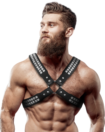 FETISH SUBMISSIVE ATTITUDE - HARNAIS EN CUIR ÉCOLOGIQUE POUR HOMMES  POITRINE CROISÉE AVEC RIVETS