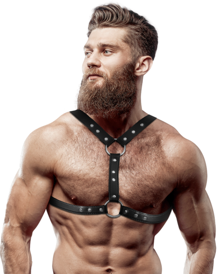 FETISH SUBMISSIVE ATTITUDE - HARNAIS DE POITRINE EN ÉCO-CUIR AVEC DOUBLE SUPPORT ET CLOUS POUR HOMMES