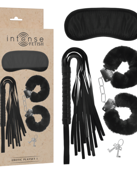 INTENSE - FETISH PLAYSET ÉROTIQUE 1 AVEC MENOTTES, MASQUE AVEUGLE ET FLOGGER