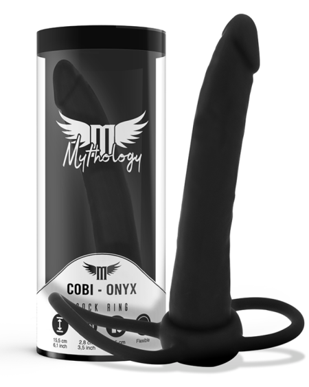 MYTHOLOGY - GODE ANAL COBI ONYX AVEC ANNEAU DE BITE ET TESTICULE 13 CM EN SILICONE