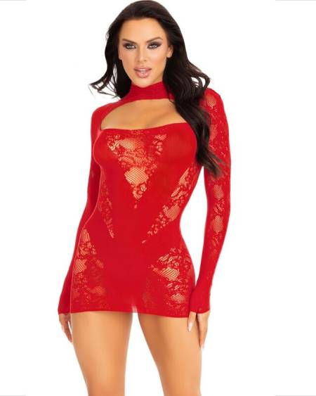 LEG AVENUE - MINI ROBE AVEC DENTELLE MANCHES LONGUES ROUGE