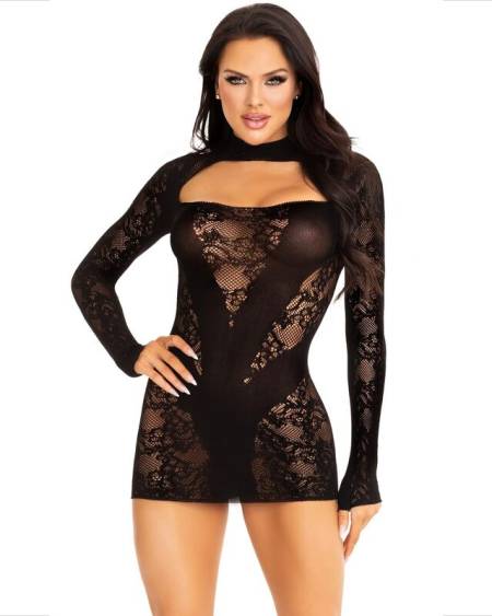 LEG AVENUE - MINI ROBE AVEC DENTELLE MANCHES LONGUES NOIR