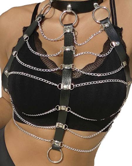 SUBBLIME - HARNAIS POITRINE CHAÎNE S EN CUIR NOIR TAILLE UNIQUE