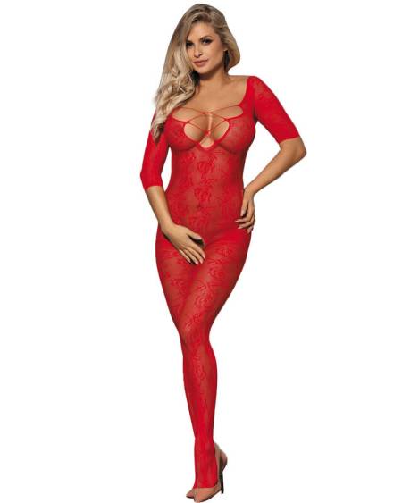 SUBBLIME - 951825 BODYSTOCKING EN RÉSILLE SANS FOURRURE AVEC MOTIF ROSES ROUGES TAILLE UNIQUE