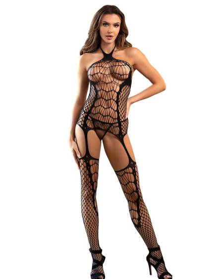 SUBBLIME - 952105 BODYSTOCKING EN RÉSILLE AVEC ENTREJAMBE OUVERTE ET COL LICOU NOIR TAILLE UNIQUE