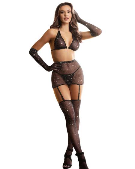 SUBBLIME - 952174 BODYSTOCKING RESILLE AVEC GANTS ET DIAMANTS NOIR TAILLE UNIQUE