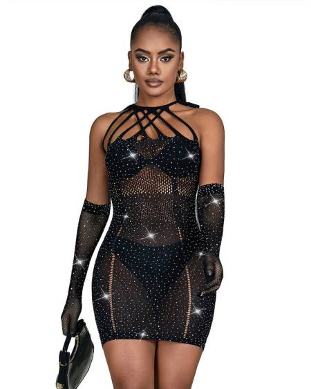 SUBBLIME - 952235 ROBE RÉSEILLE AVEC STRASS NOIR TAILLE UNIQUE