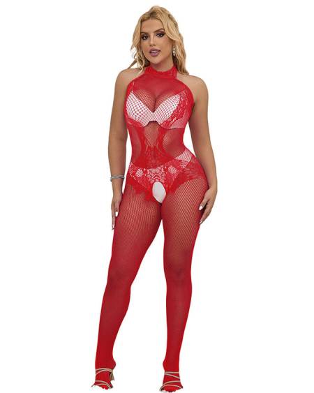 SUBBLIME - 952372 BODYSTOCKING RÉSILLE ET DENTELLE SANS FOURRURE COL MONTANT ROUGE TAILLE UNIQUE