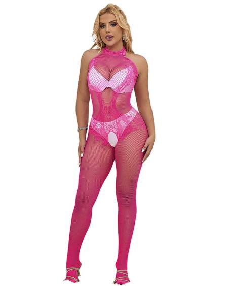 SUBBLIME - 952389 BODYSTOCKING RÉSILLE ET DENTELLE SANS FOURRURE AVEC COL MONTANT ROSE TAILLE UNIQUE