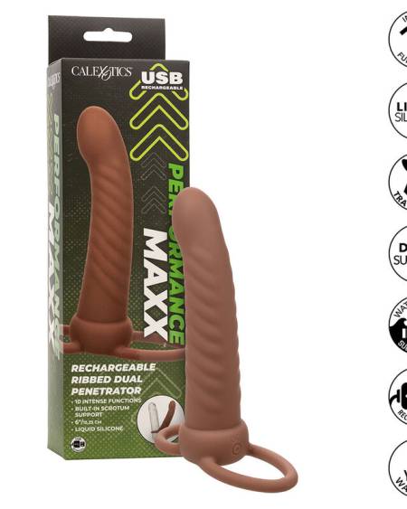 CALEXOTICS - MAXX RIBBED DOUBLE PÉNÉTRATEUR 10 VIBRATIONS MARRON