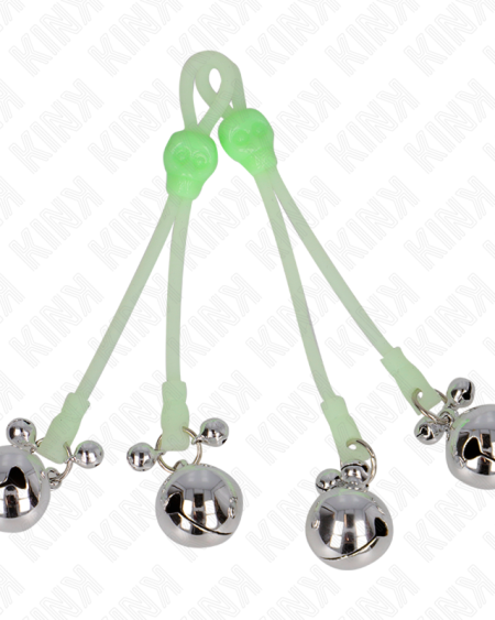 KINK - PINCES À TETON LUMINEUSES CRÂNE AVEC ANNEAU CLOCHES RÉGLABLES VERT / ARGENT