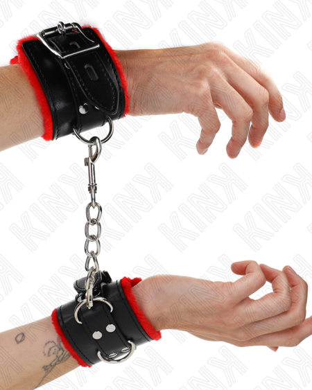 KINK - APPUI-POIGNETS DOUBLÉS DE FOURRURE AVEC TROUS CARRÉS CEINTURE ROUGE ET NOIRE RÉGLABLE 17-29 CM X 6 CM