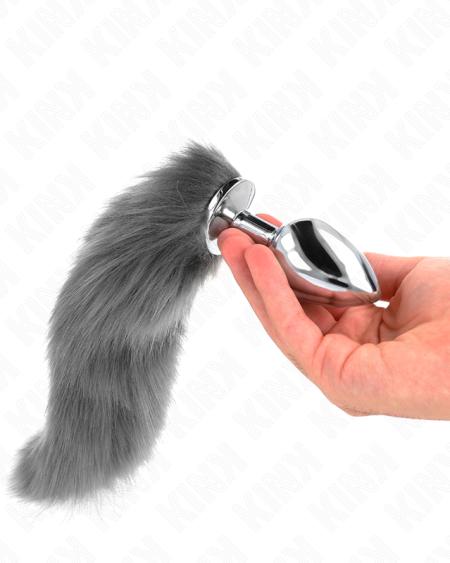 KINK - PLUG ANAL TAILLE L 10 X 4 CM AVEC QUEUE SYNTHÉTIQUE 40 CM GRIS ET BLANC