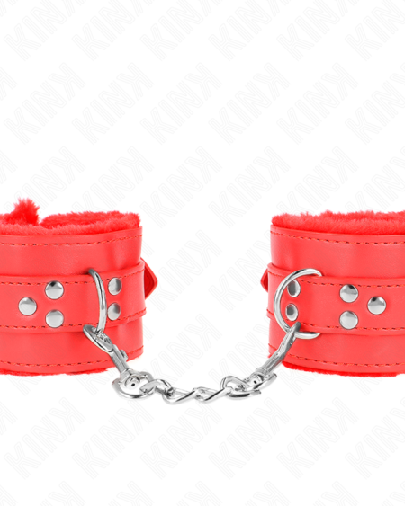 KINK - APPUI-POIGNETS DOUBLÉS DE FOURRURE AVEC TROUS CARRÉS ROUGE ET CEINTURE ROUGE RÉGLABLE 17-29 CM X 6 CM
