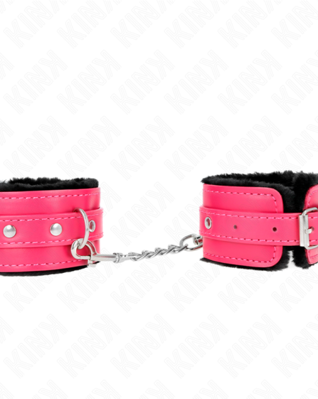KINK - APPUI-POIGNETS DOUBLÉS DE FOURRURE PREMIUM NOIR AVEC CEINTURE ROSE FRAMBOISE AJUSTABLE 17-29 CM X 6 CM
