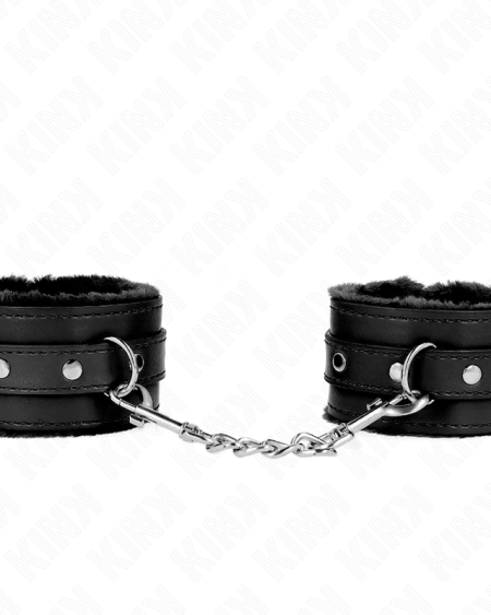 KINK - APPUI-POIGNETS DOUBLÉS DE FOURRURE PREMIUM NOIR AVEC CEINTURE NOIRE RÉGLABLE 17-29 CM X 6 CM
