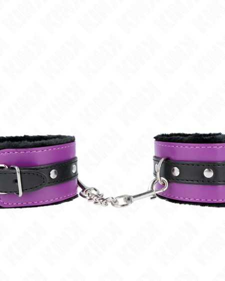 KINK - APPUI-POIGNETS DOUBLÉS DE FOURRURE PREMIUM NOIR AVEC CEINTURE VIOLET / NOIRE RÉGLABLE 17-29 CM X 6 CM