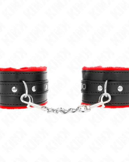 KINK - APPUI-POIGNETS DOUBLÉS DE FOURRURE PREMIUM ROUGE AVEC CEINTURE NOIRE RÉGLABLE 17-29 CM X 6 CM