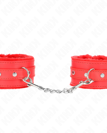KINK - APPUI-POIGNETS DOUBLÉS DE FOURRURE PREMIUM ROUGE AVEC CEINTURE ROUGE RÉGLABLE 17-29 CM X 6 CM