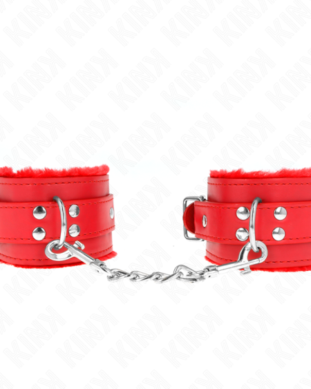 KINK - APPUI-POIGNETS DOUBLÉS DE FOURRURE ROUGE AVEC CEINTURE ROUGE RÉGLABLE 17-29 CM X 6 CM