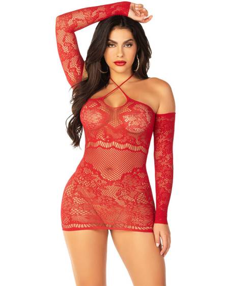 LEG AVENUE - ROBE MINI EN MAILLE À ÉPAULES DÉNUDÉES ET À MANCHES LONGUES ROUGE