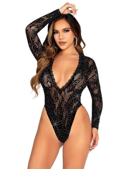 LEG AVENUE - BODY EN DENTELLE ET MANCHES LONGUES AVEC DIAMANTS NOIR TAILLE UNIQUE