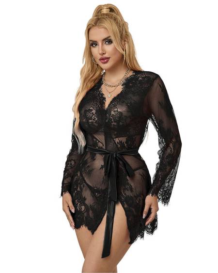 SUBBLIME - 953751 CHEMISIER DE NUIT EN DENTELLE + STRING NOIR S/M