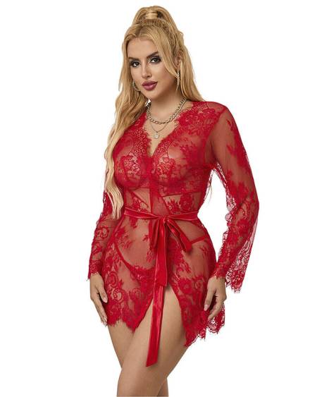 SUBBLIME - 953775 CHEMISIER DE NUIT DENTELLE + STRING ROUGE S/M