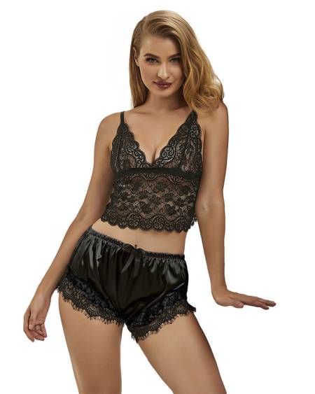 SUBBLIME - 953935 CHEMISE DE NUIT DÉCONTRACTÉE EN SOIE + PANTALON EN DENTELLE NOIR S/M