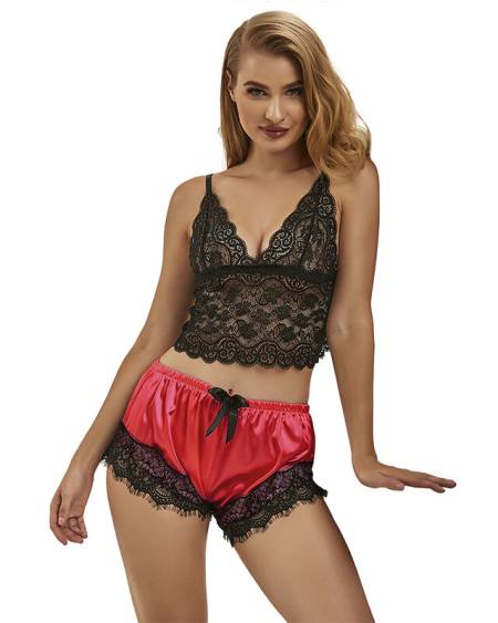 SUBBLIME - 953959 CHEMISE DE NUIT DÉCONTRACTÉE EN SOIE + PANTALON EN DENTELLE NOIR/ROUGE S/M