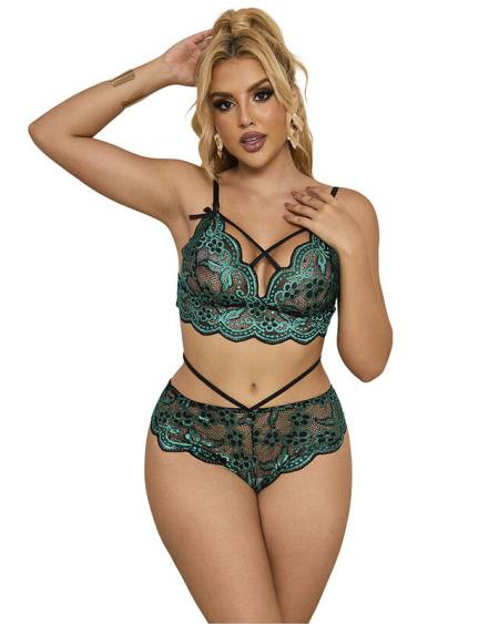 SUBBLIME - 954093 SOUTIEN-GORGE + CULOTTE DENTELLE VERT L/XL