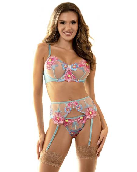 SUBBLIME - 954116 SOUTIEN-GORGE + CULOTTE AVEC PORTE-JARRETELLES MOTIF FLORAL BLEU L/XL