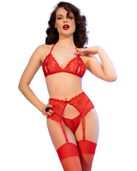 CHILIROSE - CR 4848 SET SUJETADOR + TANGA + MEDIAS DE ENCAJE ROJO S