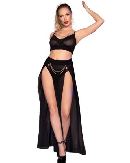 CHILIROSE - CR 4672 TOP NEGRO FALDA Y TANGA CON CADENAS DORADAS S