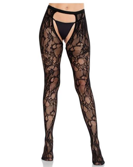 LEG AVENUE - BAS EN DENTELLE ROSE AVEC DOS OUVERT NOIR