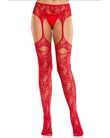 LEG AVENUE - BAS EN DENTELLE AVEC JARRETELLES ROUGES