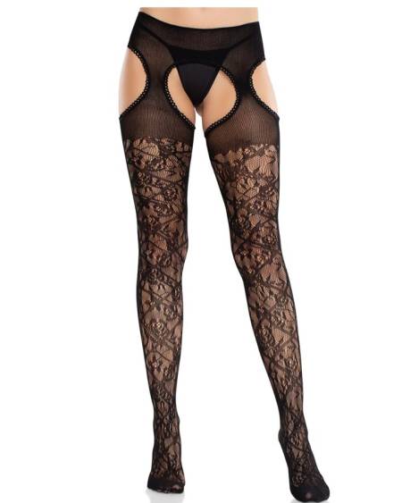 LEG AVENUE - BAS EN DENTELLE FLORALE AVEC JARRETELLES UNITED BLACK