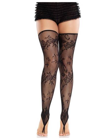LEG AVENUE - BAS SANS PIEDS EN DENTELLE FLORALE NOIR