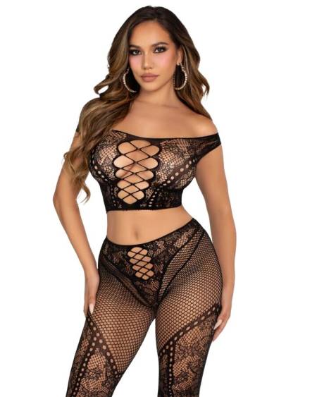 LEG AVENUE - CROP TOP ET LEGGING RÉSILLE ÉPAULES DÉNUDÉES NOIR
