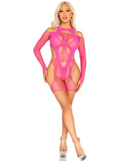 LEG AVENUE - BODYSTOCKING RÉSEILLE AVEC PORTE-JARRETELLES ET HARNAIS ROSE FLUO
