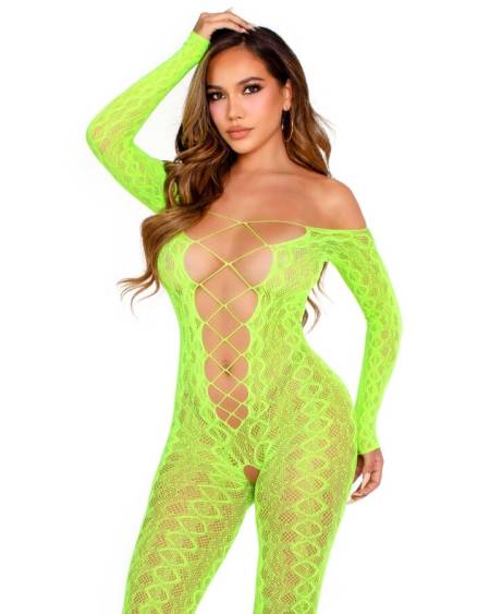 LEG AVENUE - BODYSTOCKING SANS FOURCHE EN DENTELLE SERPENT EXOTIQUE VERT FLUO