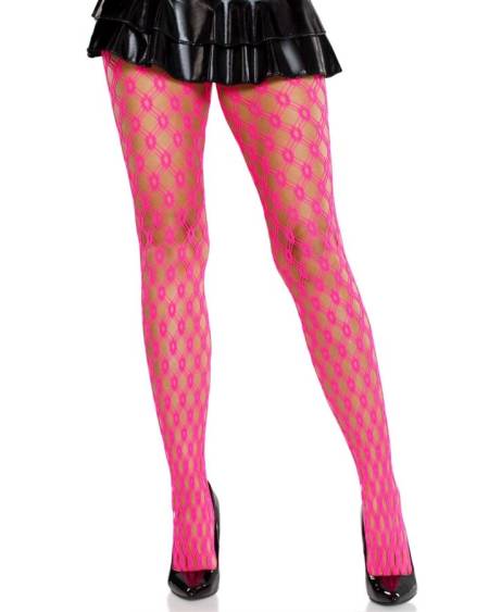 LEG AVENUE - COLLANTS EN DENTELLE AVEC ŒILLETS ROSE FLUO