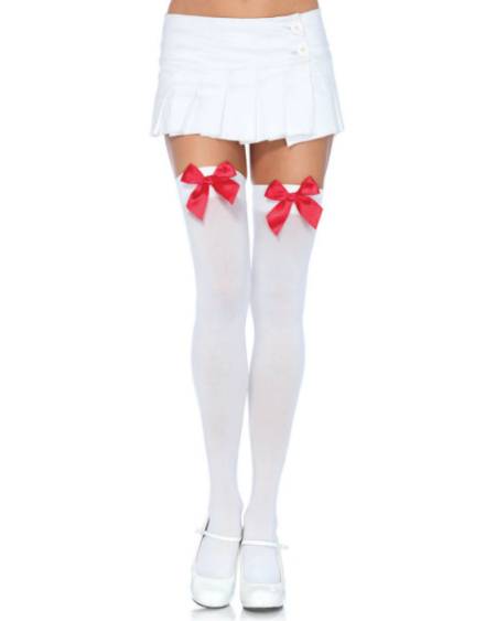 LEG AVENUE - CUISSES HAUTES EN NYLON AVEC NOEUD BLANC / ROUGE
