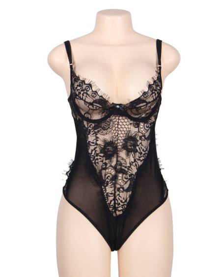 SUBBLIME - QUEEN PLUS DENTELLE FLORALE ET TEDDY NOIR  FRANGES