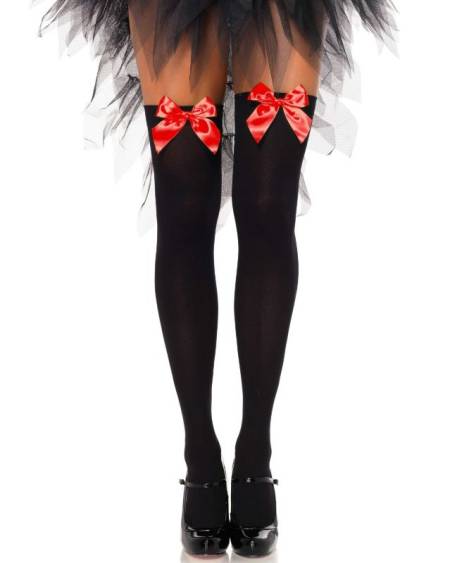 LEG AVENUE - CUISSES HAUTES EN NYLON NOIR AVEC NOEUD ROUGE TAILLE UNIQUE