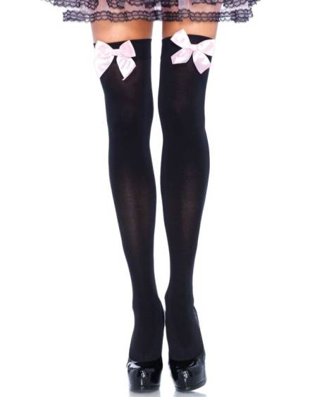 LEG AVENUE - CUISSES HAUTES EN NYLON NOIR AVEC NOEUD ROSE TAILLE UNIQUE